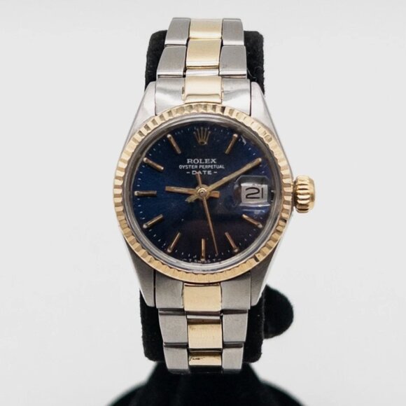 Estate BLACK DIAL Ladies 14k Yellow Gold SS Rolex DATE Watch SERVICED - Picture 1 of 6